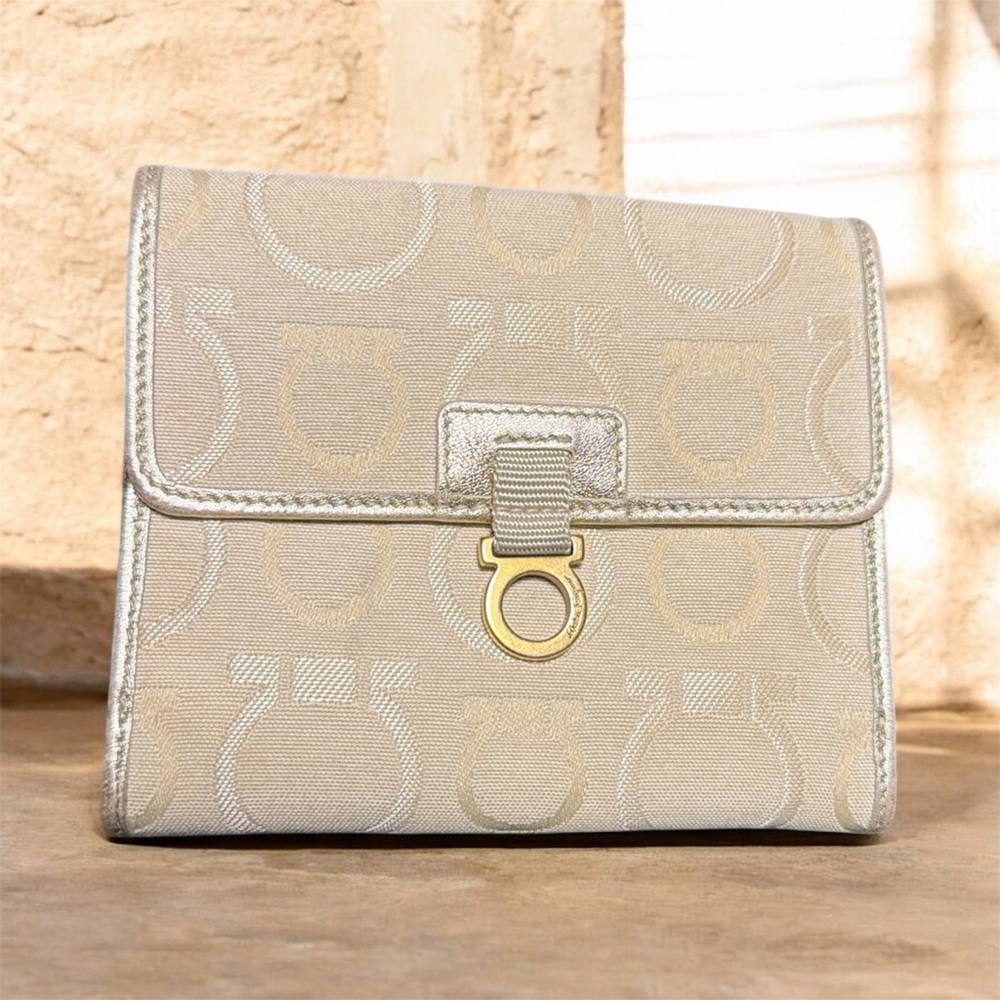 Salvatore Ferragamo Beige Wallet with Gold Accents